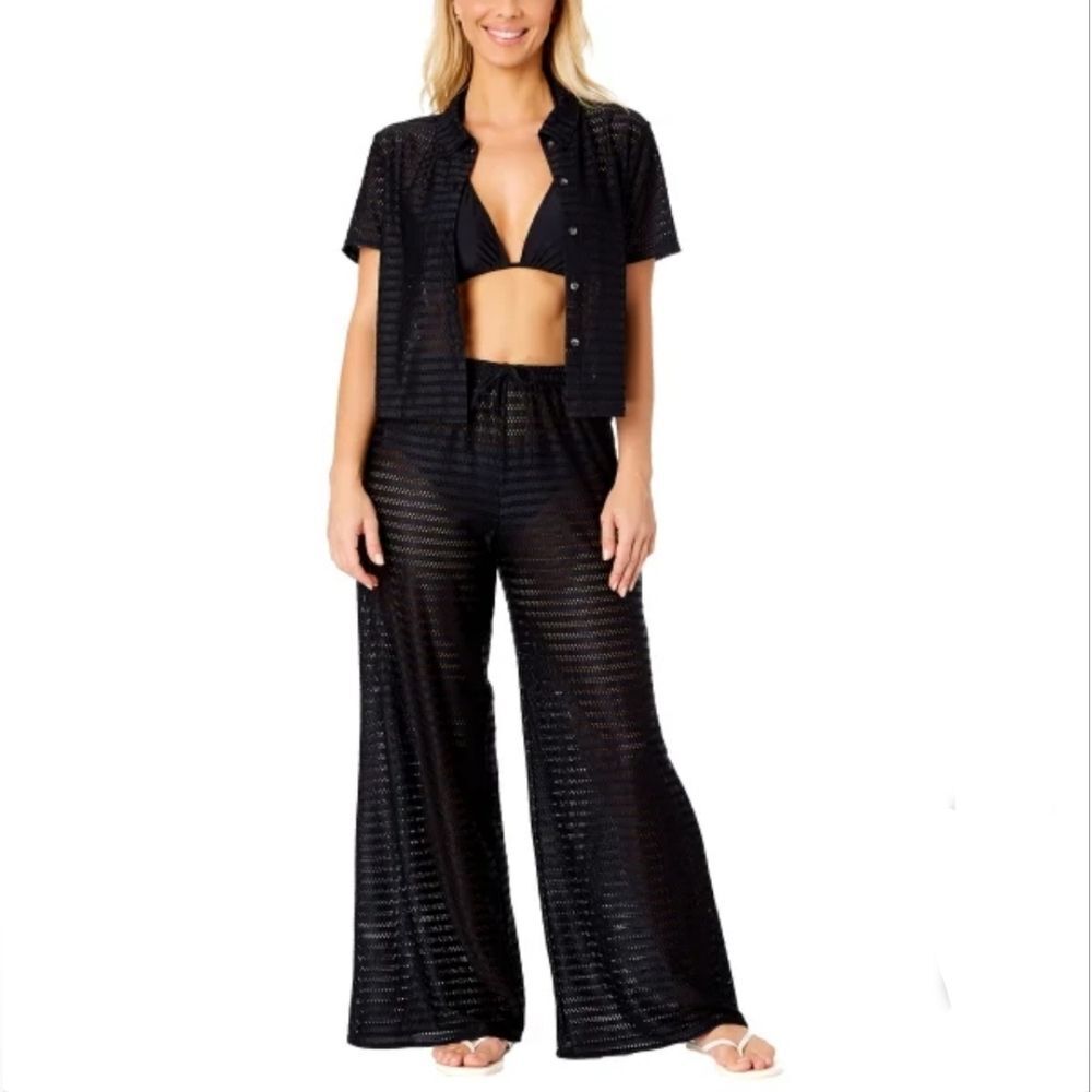 Hurley Women's S Wide Leg Mesh Swim Cover Up Pant + Button Up Top Set Black NWT